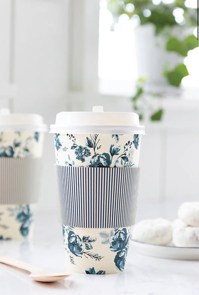 Blue Floral Paper Coffee Cups to go 8 count